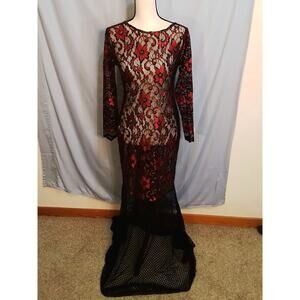 Red and Black floral open knit dress